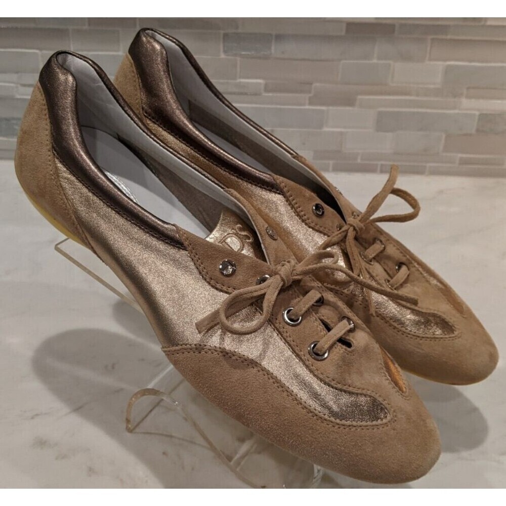 Women's TOD'S Beige Leather & Metallic Gold/Pewter Leather Low-Top Sneakers 11.5 - Picture 4 of 13